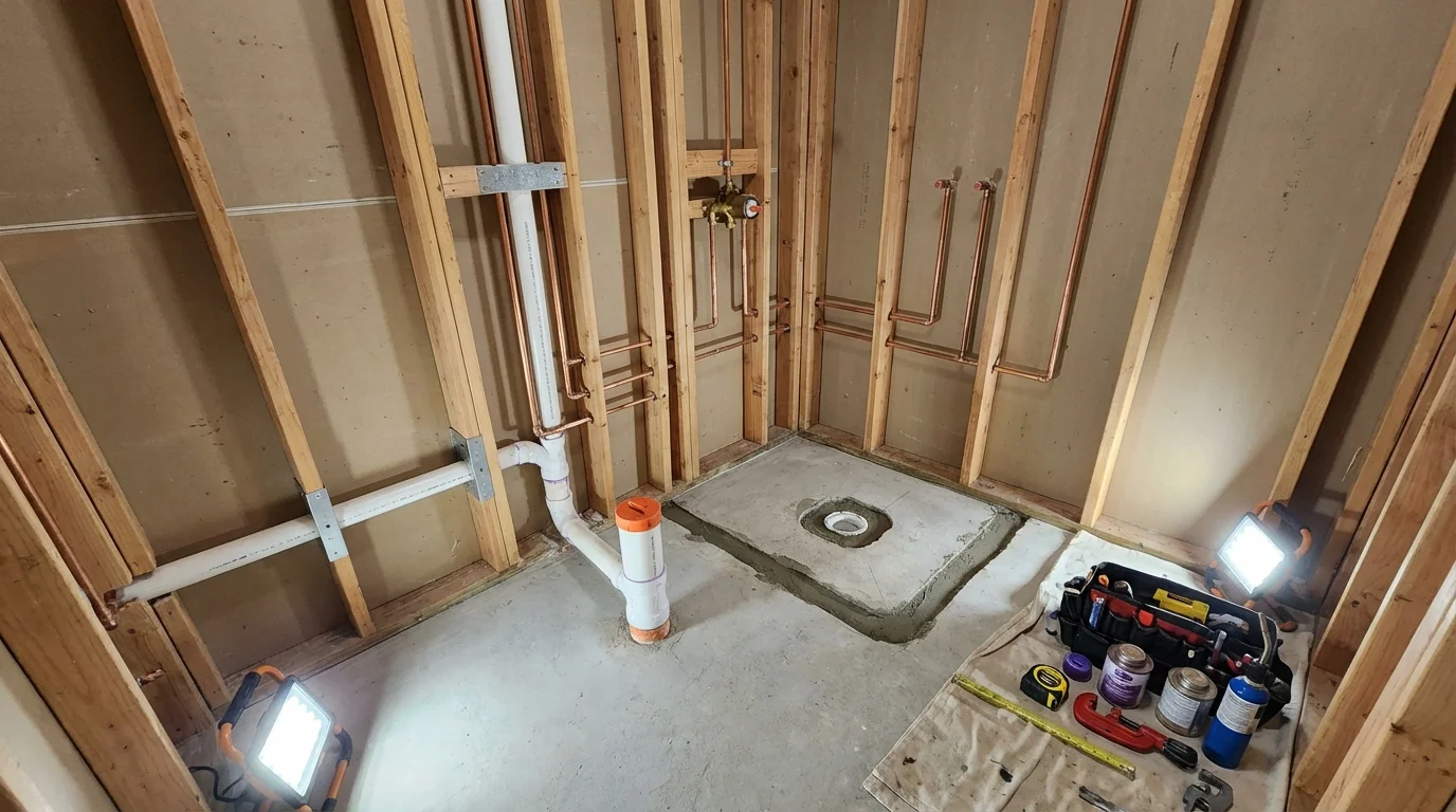 Bathroom rough-in plumbing during remodel by Johns Plumbing LLC in Chambersburg