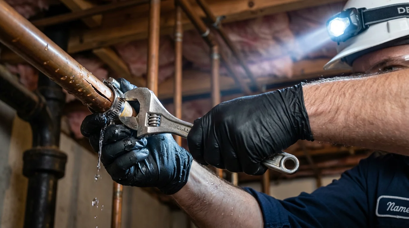 Emergency pipe clamp repair being performed by a Johns Plumbing LLC plumber in Chambersburg