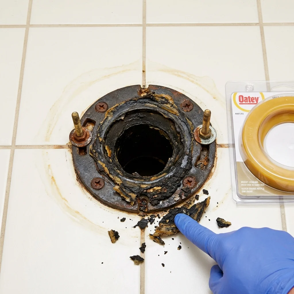 Failed wax ring showing water seepage at the base of a toilet in a Chambersburg, PA home